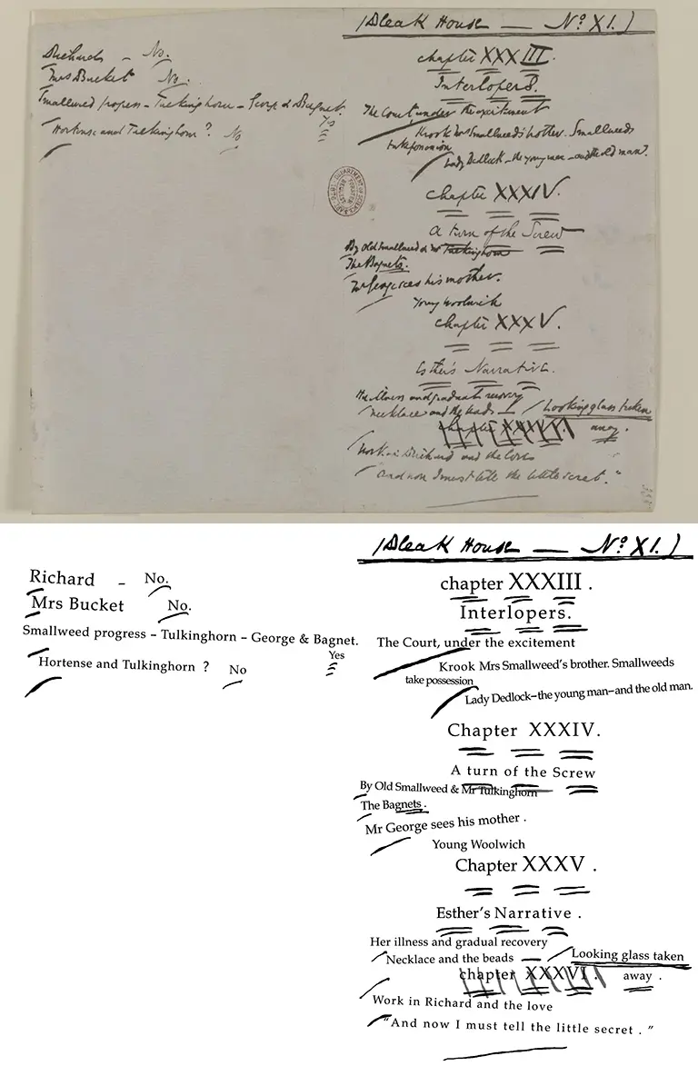 Side-by-side comparison of the image of a working note from Bleak House with the Dickens Notes transcription