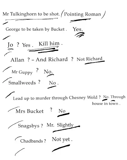 Close-up of Bleak House left-hand note for Number 15 showing questions and answers